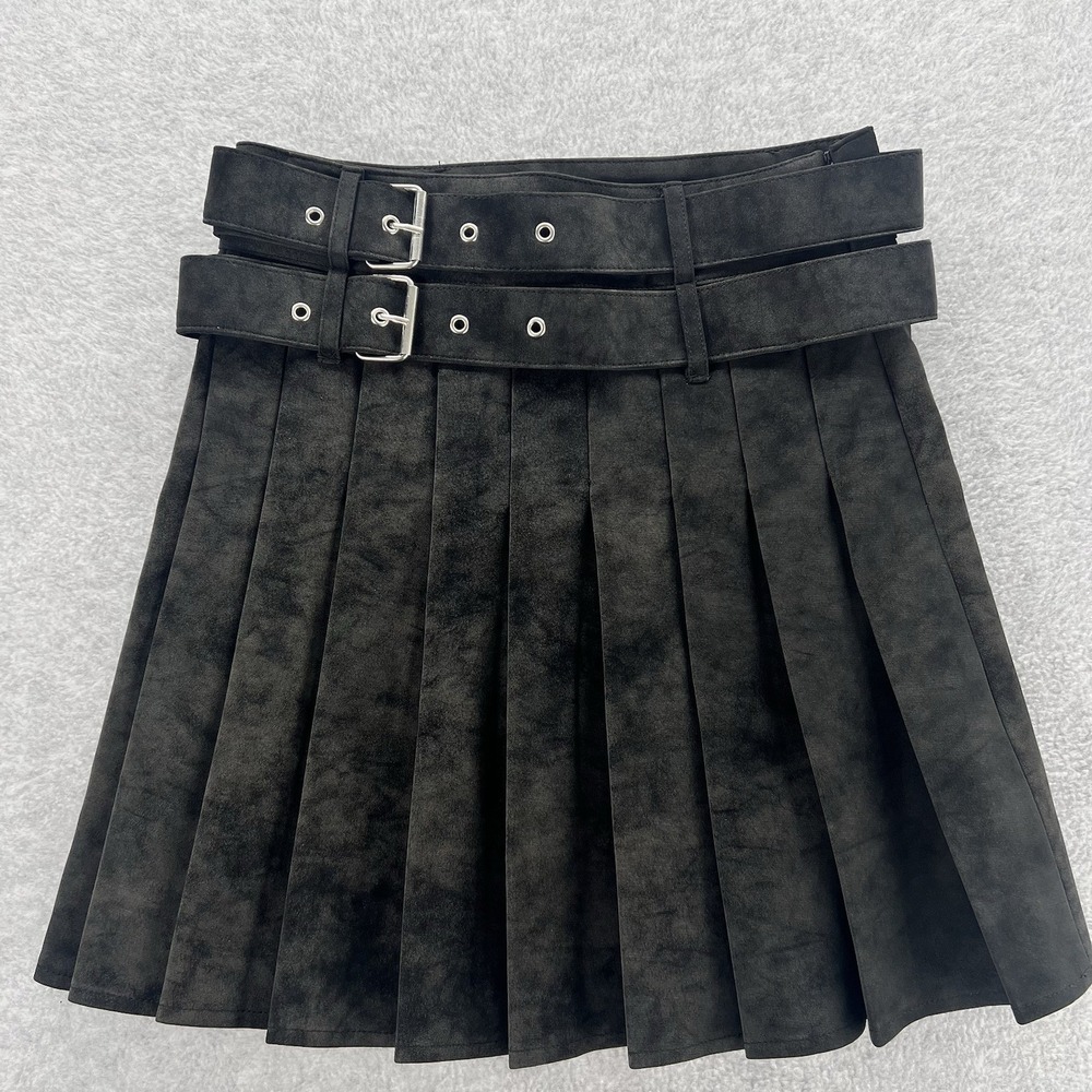Nasty Gal SZ 2 Distressed Faux Suede Leather Pleated Skirt Ren Faire Whimsy Goth